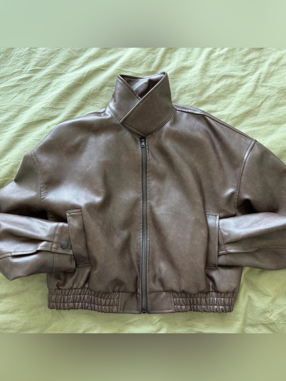 Brown Faux Leather Zip Front Jacket